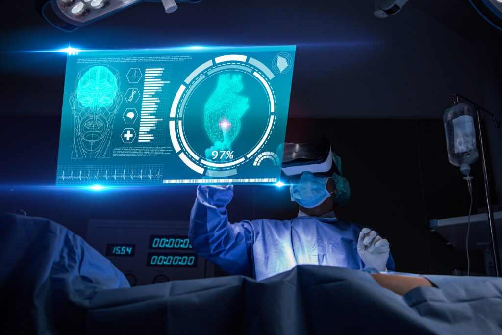 Doctor with virtual reality in operation room in hospital.Surgeon analyzing patient heart testing result and anatomy on technological digital futuristic virtual interface,VR concept.